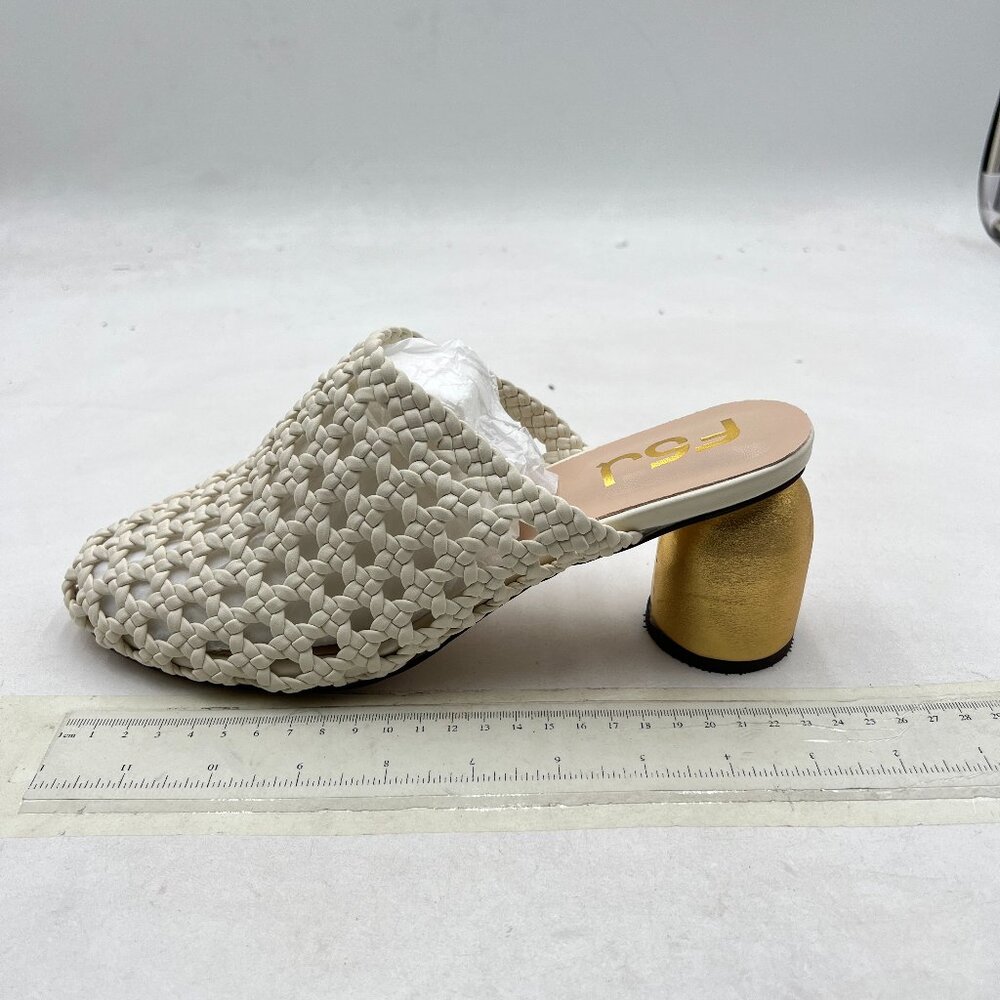 FSJ White Braided Heeled Sandals Strappy Woven Closed Toe Chic Backless Mules